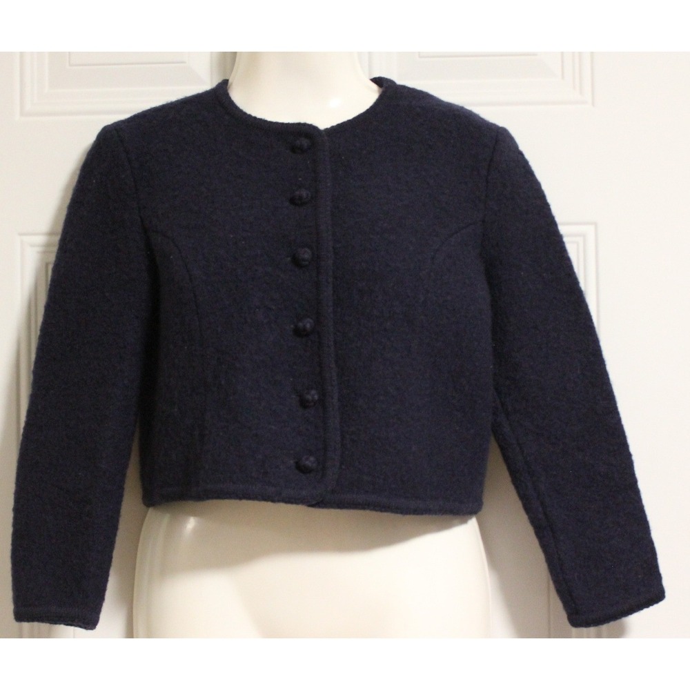 Lands' End Navy Blue Boiled Wool Cropped Cardigan Sweater Petite 6 Capsule Twee - Picture 6 of 6